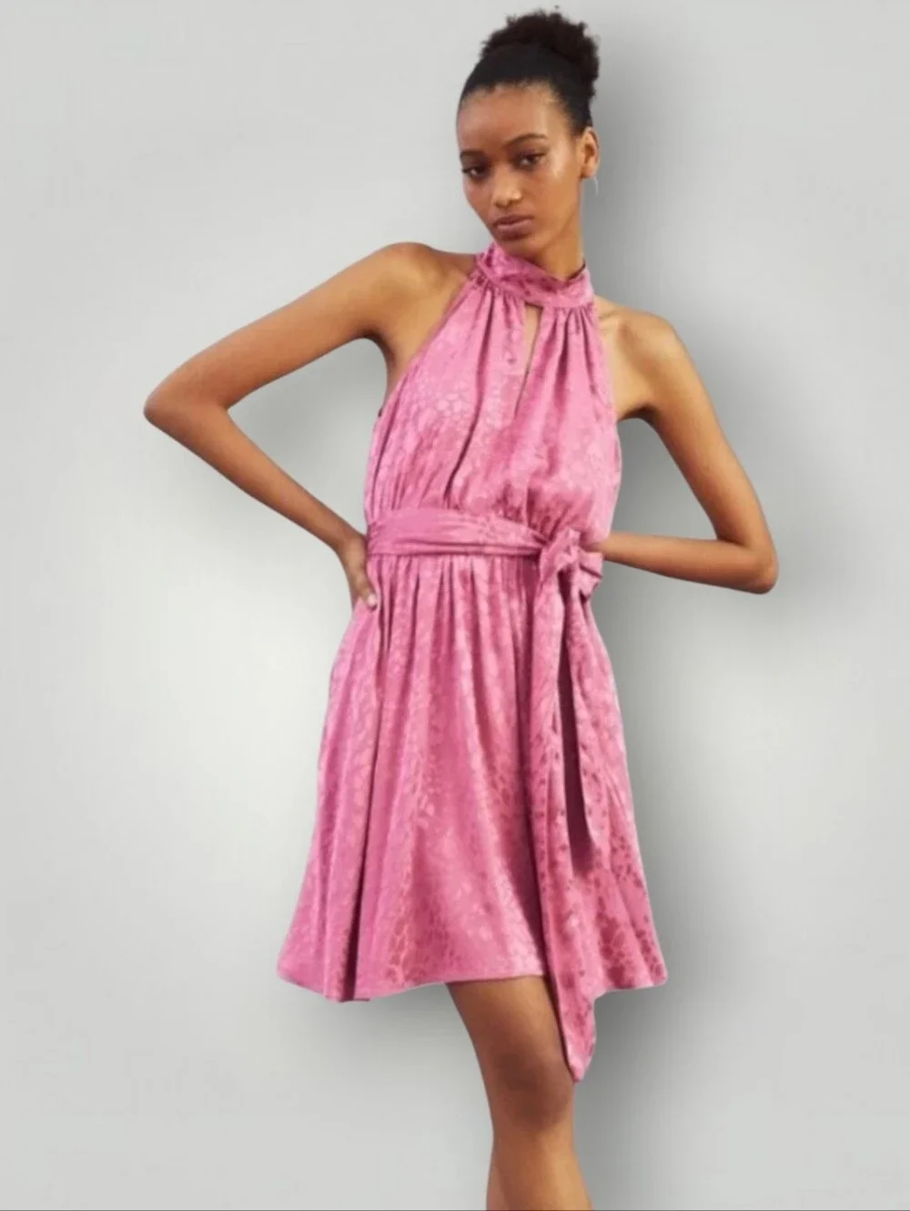 Anthropologie Pink Satin Jacquard Halter Mini Dress Tie Waist‎ Womens XS